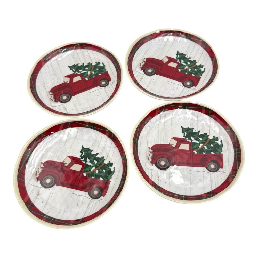Classic Red Truck Melamine Dessert Plates 6.5" Set of 4 Plaid Rim Tree Christmas